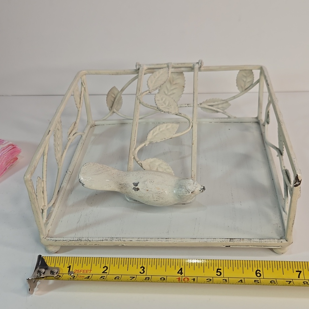 Shabby Chic Cottage Cream/Off White Metal Napkin Holder with Bird Vine Design - Picture 9 of 11